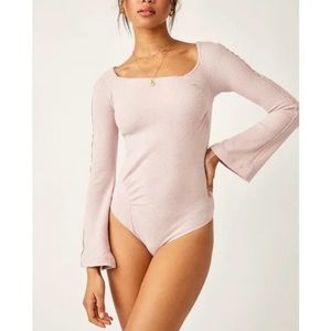 Free People Blush Pink Ribbed Square-Neck Long Sleeve Bodysuit